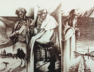 lit_titany Офорт "Пушкин, Гоголь, Достоевский" художника Юрия Селиверстова // Итар-Тасс